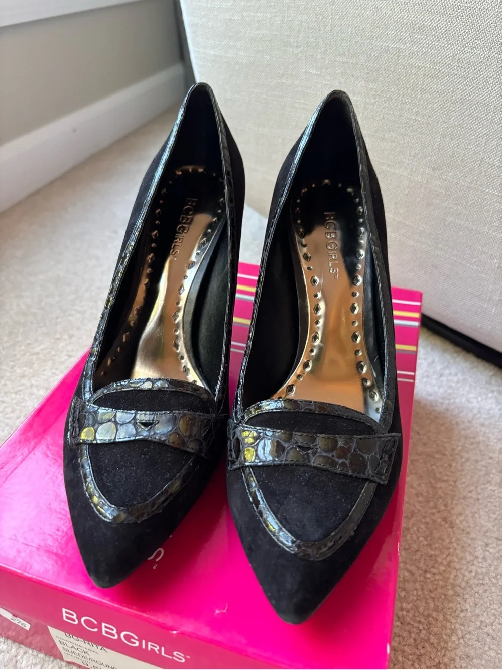 BCBGirls Black Suede Pointed Toe Pumps with Croc-Trim Accent